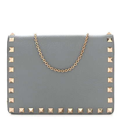 Valentino Garavani Pebbled Calfskin Rockstud Wallet on Chain Pastel Grey 1 of 12