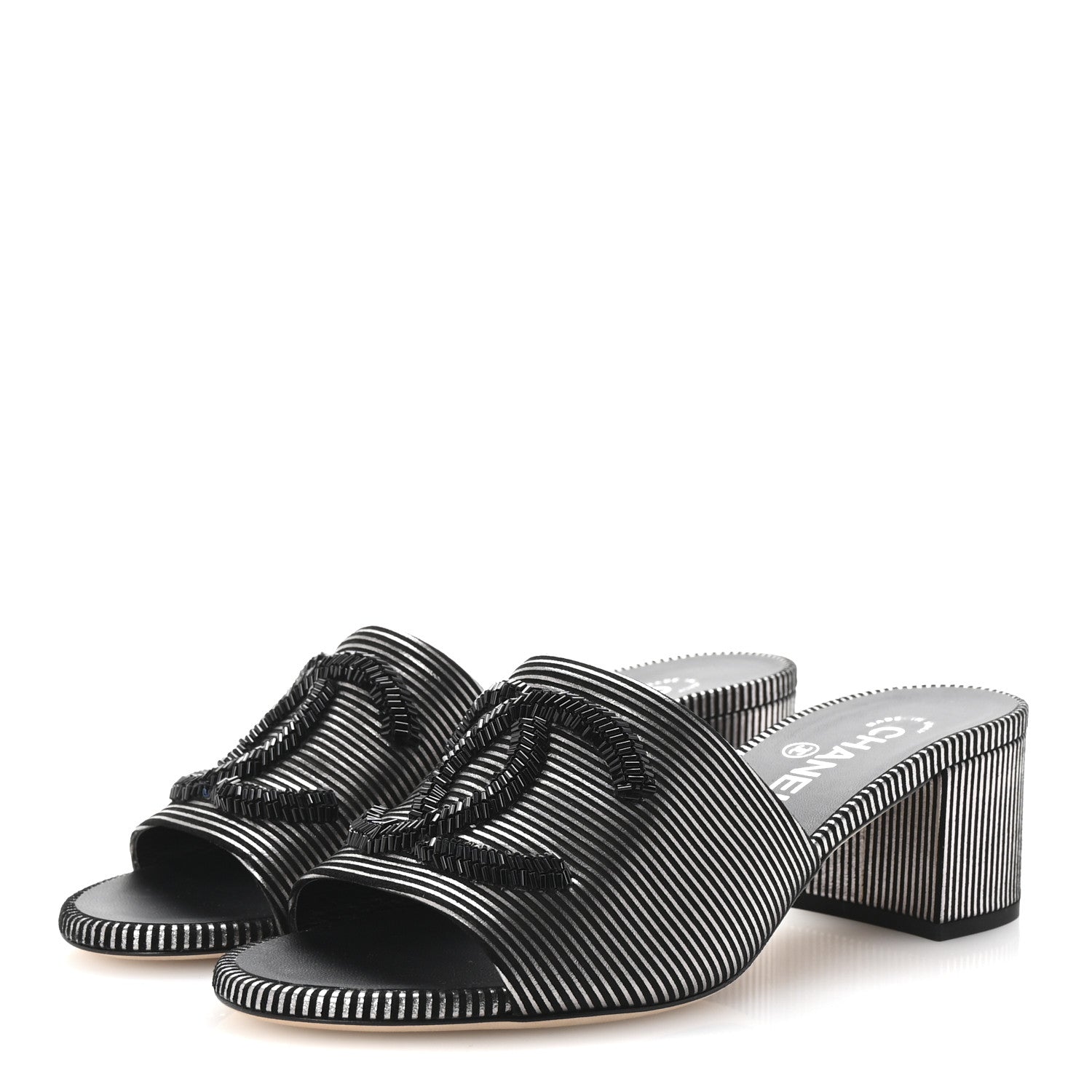 Chanel Calfskin Striped Beaded CC Mule Sandals 37.5 Black 4 of 10