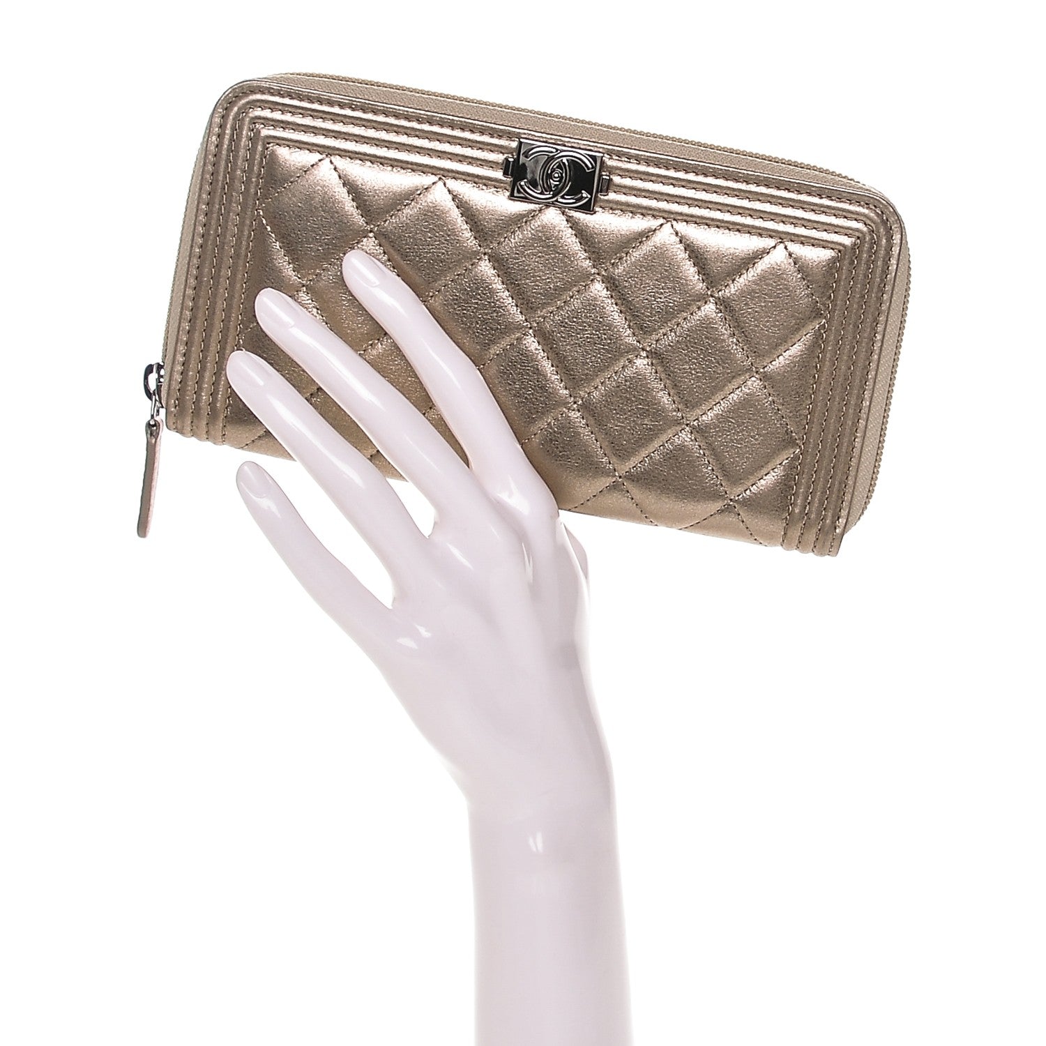 Chanel Metallic Calfskin Quilted Boy Zip Around Wallet Gold 2 of 8