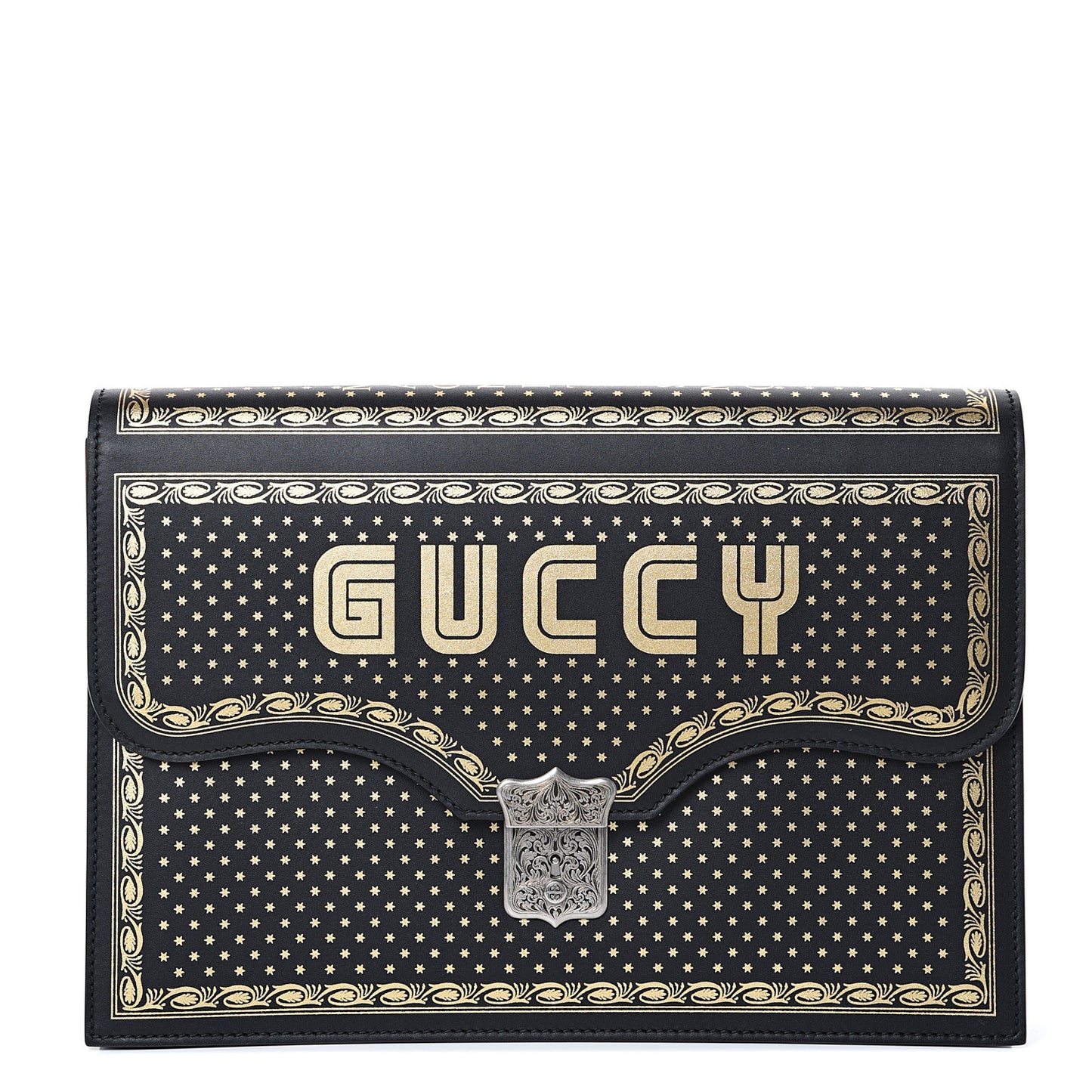 X SEGA Calfskin GUCCY Stars Portfolio Bag Black Gold