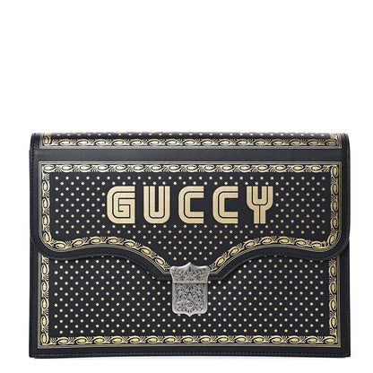 Gucci X SEGA Calfskin GUCCY Stars Portfolio Bag Black Gold 1 of 10