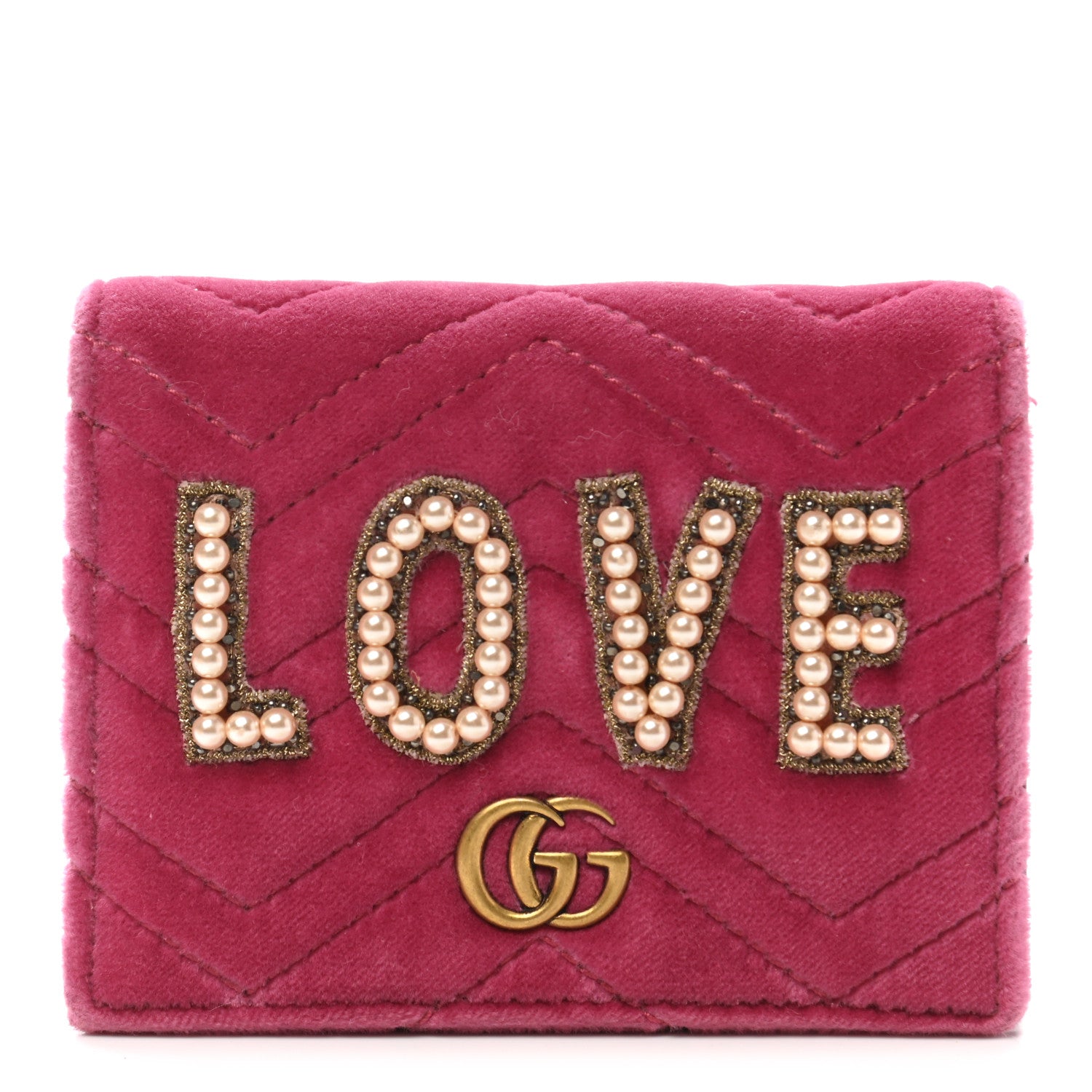 Gucci Velvet Matelasse Pearl Love Embroidered GG Marmont Card Case Wallet Light Raspberry Rose 1 of 8