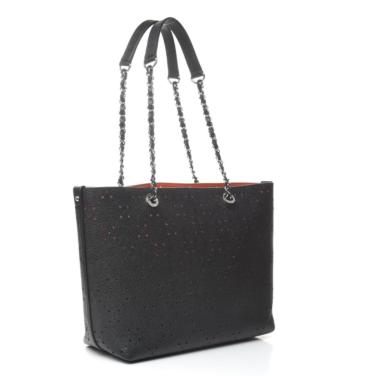 Perforated Grained Calfskin Large Shopping Tote Black