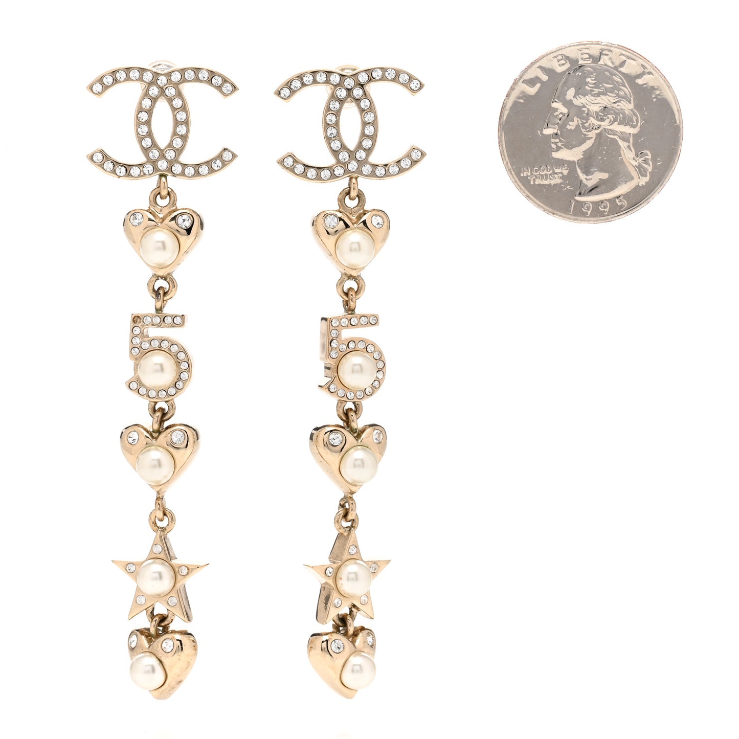 Crystal Pearl Charming Winter CC Star Heart Drop Earrings Gold