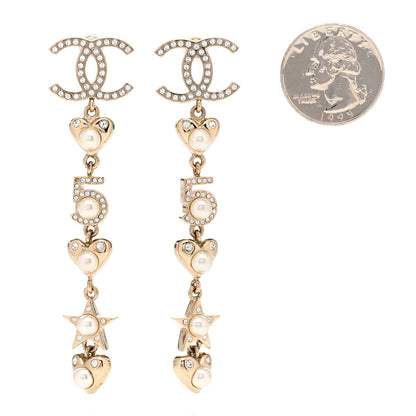 Chanel Crystal Pearl Charming Winter CC Star Heart Drop Earrings Gold 2 of 4