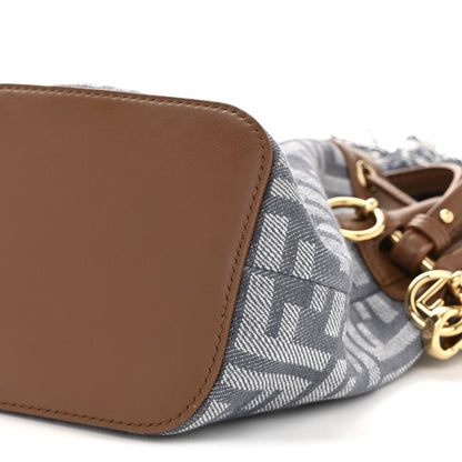 Fendi Denim Effect Fabric FF Jacquard Vitello Mini Mon Tresor Bucket Bag Blue Brown 10 of 10