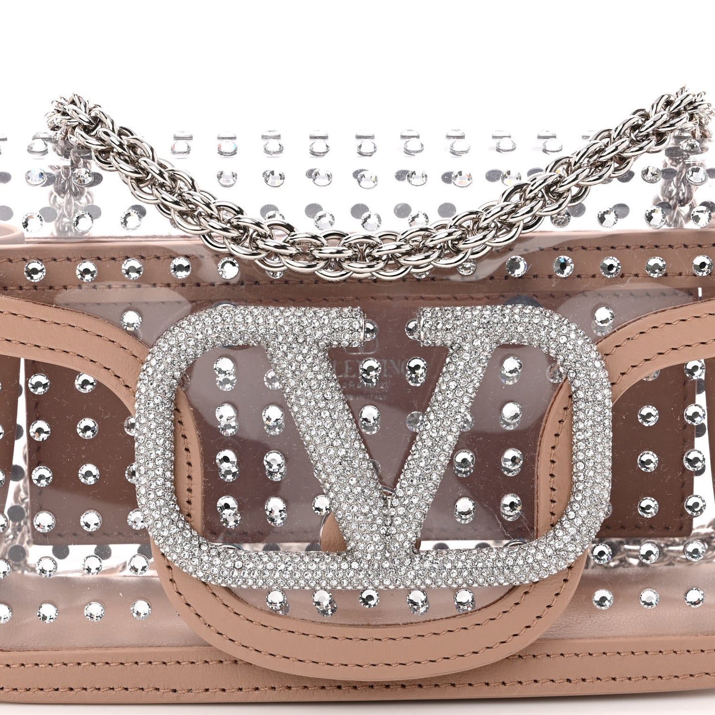 TPU Calfskin Crystal Vlogo Embellished Small Loco Shoulder Bag Trasparente Crystal Rose Cannelle