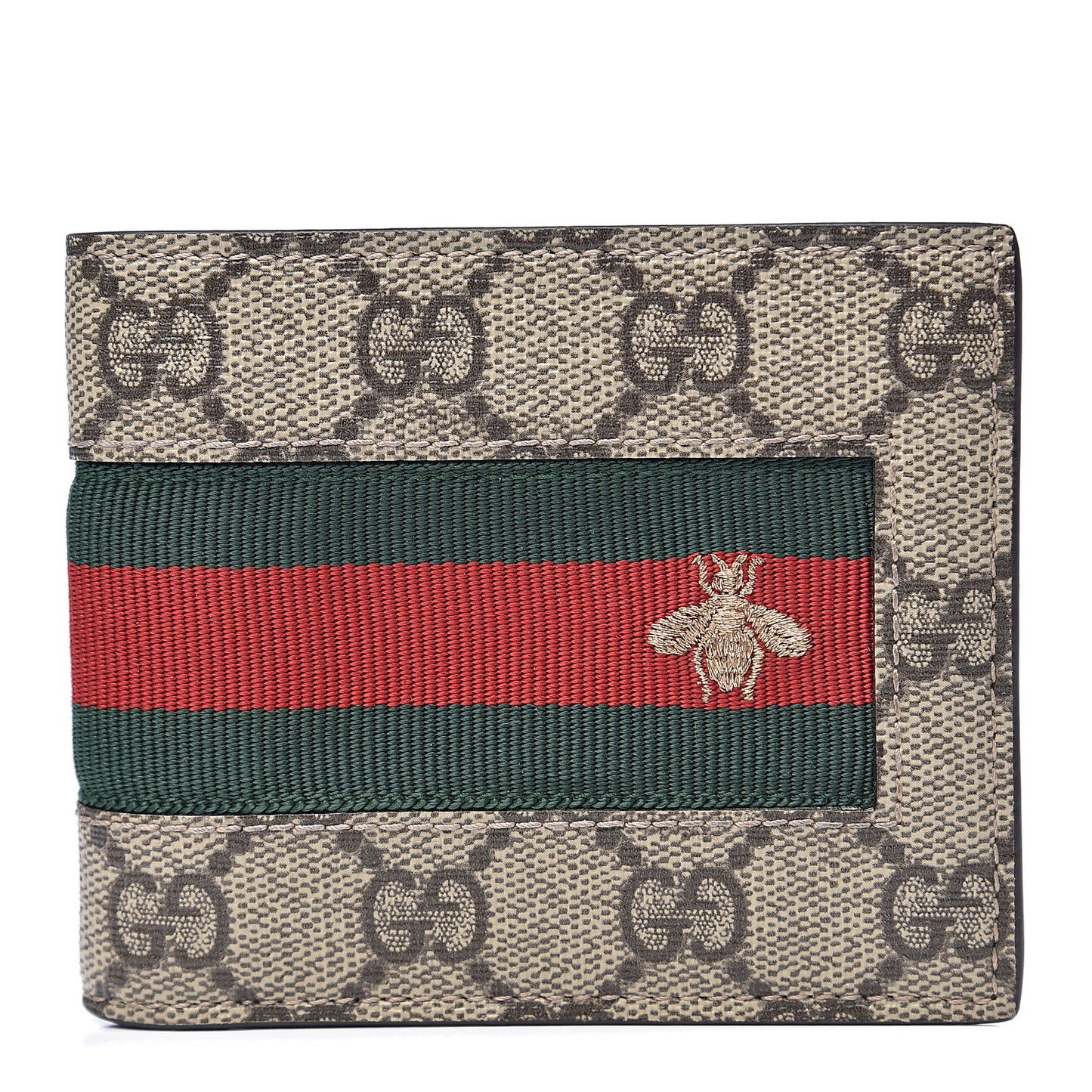GG Supreme Monogram Selleria Calfskin Web Bee Embroidered New Web Bi-Fold Wallet Beige Ebony Cocoa