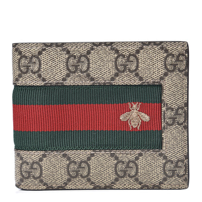 Gucci GG Supreme Monogram Selleria Calfskin Web Bee Embroidered New Web Bi-Fold Wallet Beige Ebony Cocoa 1 of 7