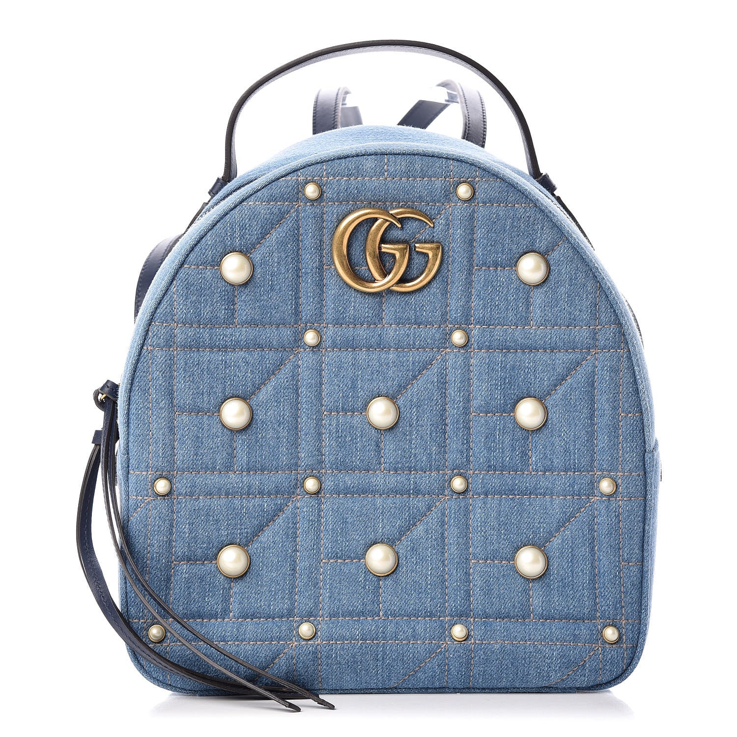 Gucci Kura Denim Matelasse Cubic Pearl Studded GG Marmont Dome Backpack Blue 1 of 11