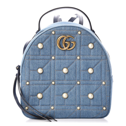 Gucci Kura Denim Matelasse Cubic Pearl Studded GG Marmont Dome Backpack Blue 1 of 11
