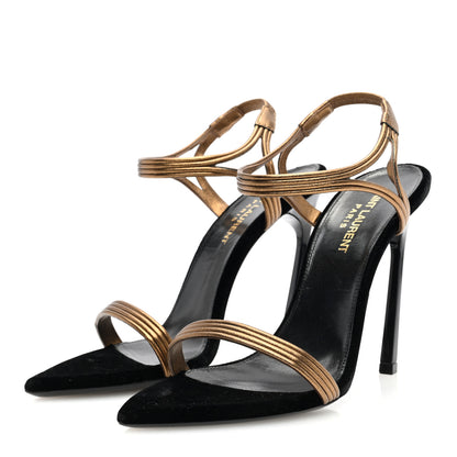 Saint Laurent Metallic Velvet Talitha Ankle Strap Sandals 37 Black Gold 2 of 7