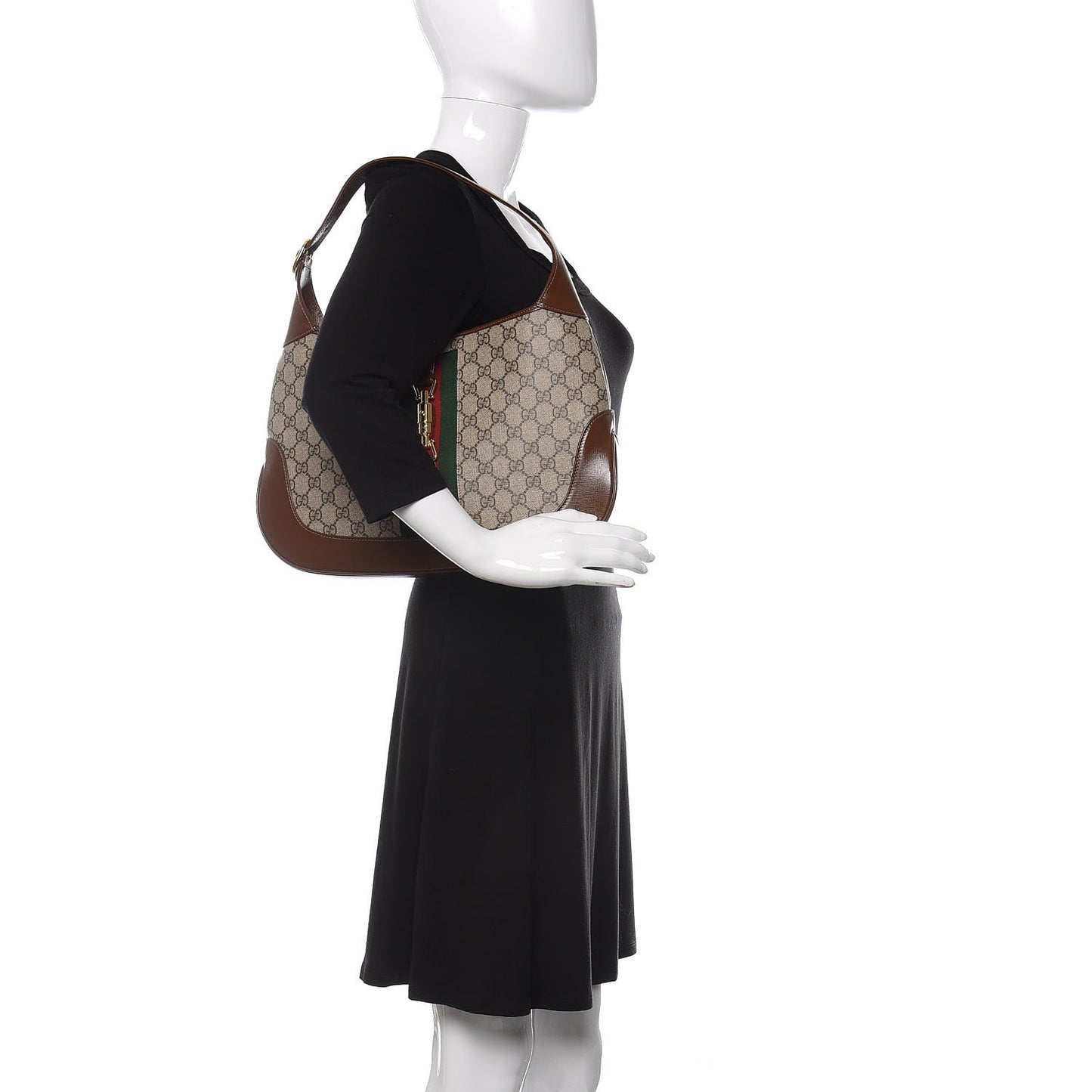 GG Supreme Monogram Azalea Calfskin Web Medium Jackie 1961 Hobo Beige Ebony Brown Sugar