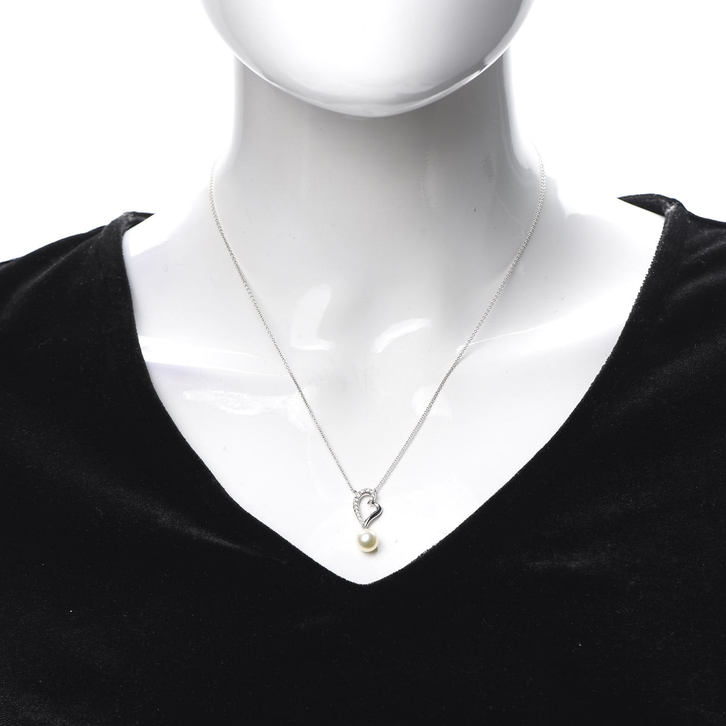 14K White Gold Diamond Akoya Pearl Heart Drop Pendant Necklace