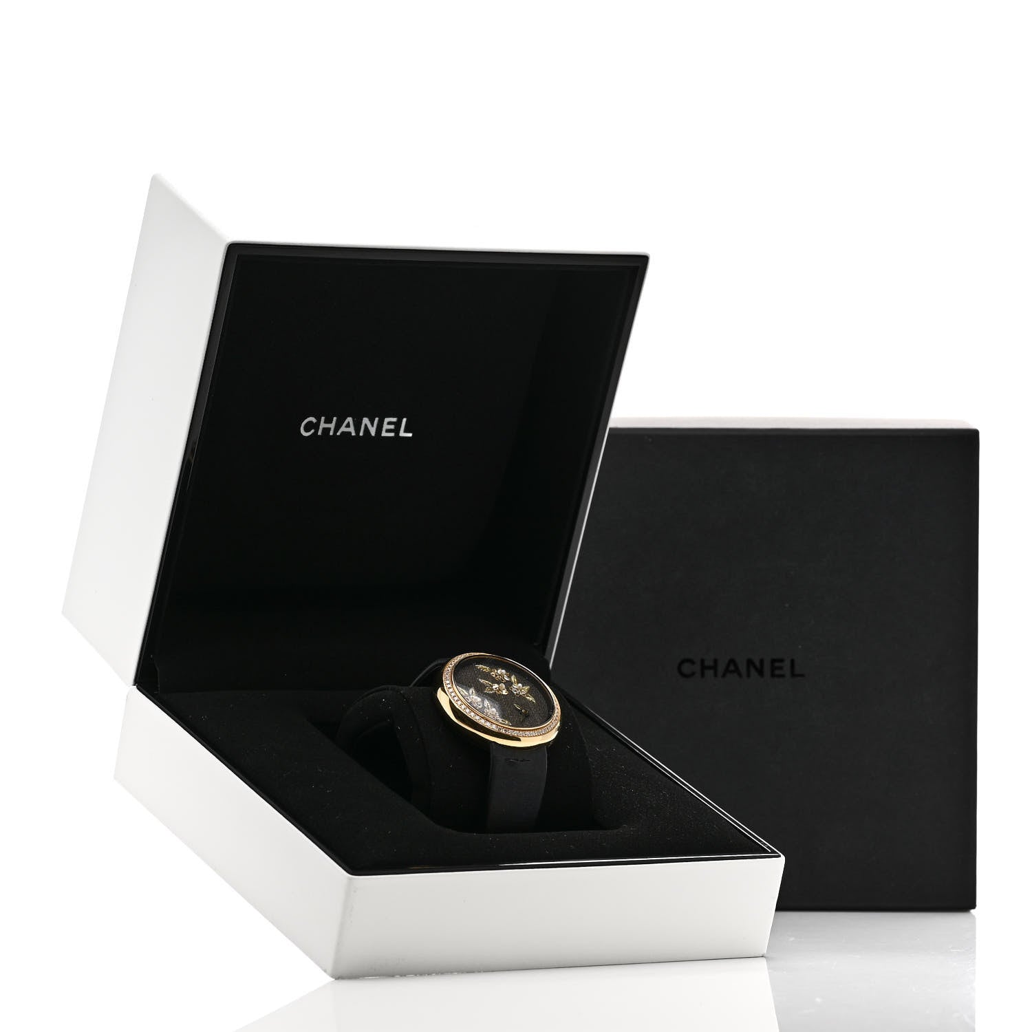 Chanel 18K Yellow Gold Satin Diamond Pearl 37.5mm Mademoiselle Prive Camelia Lesage Quartz Watch Black 6 of 6