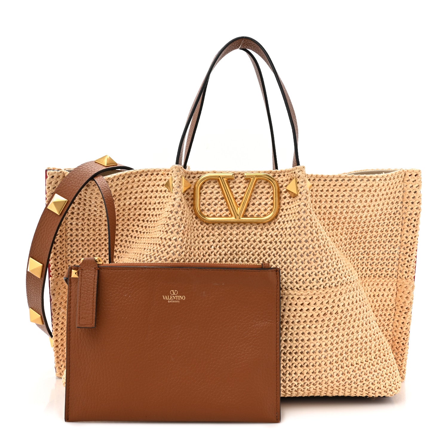 Valentino Garavani Raffia Grained Calfskin Medium Rockstud Vlogo Tote Naturale 3 of 15