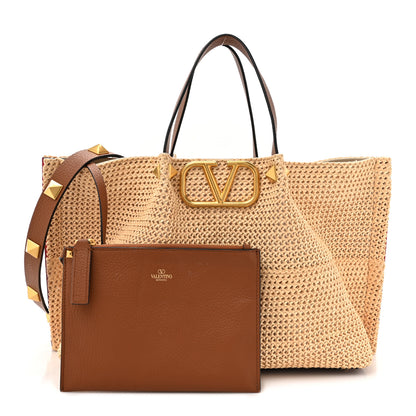 Valentino Garavani Raffia Grained Calfskin Medium Rockstud Vlogo Tote Naturale 3 of 15