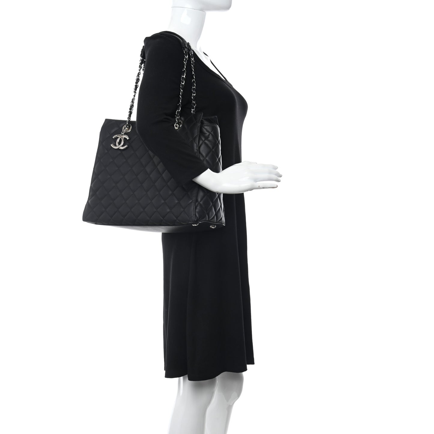 Calfskin Quilted Large Chic and Soft Shopping Tote Black