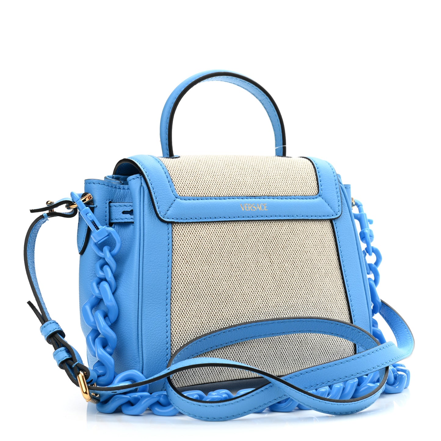 Calfskin Canvas Medusa Small Top Handle Handbag Blue