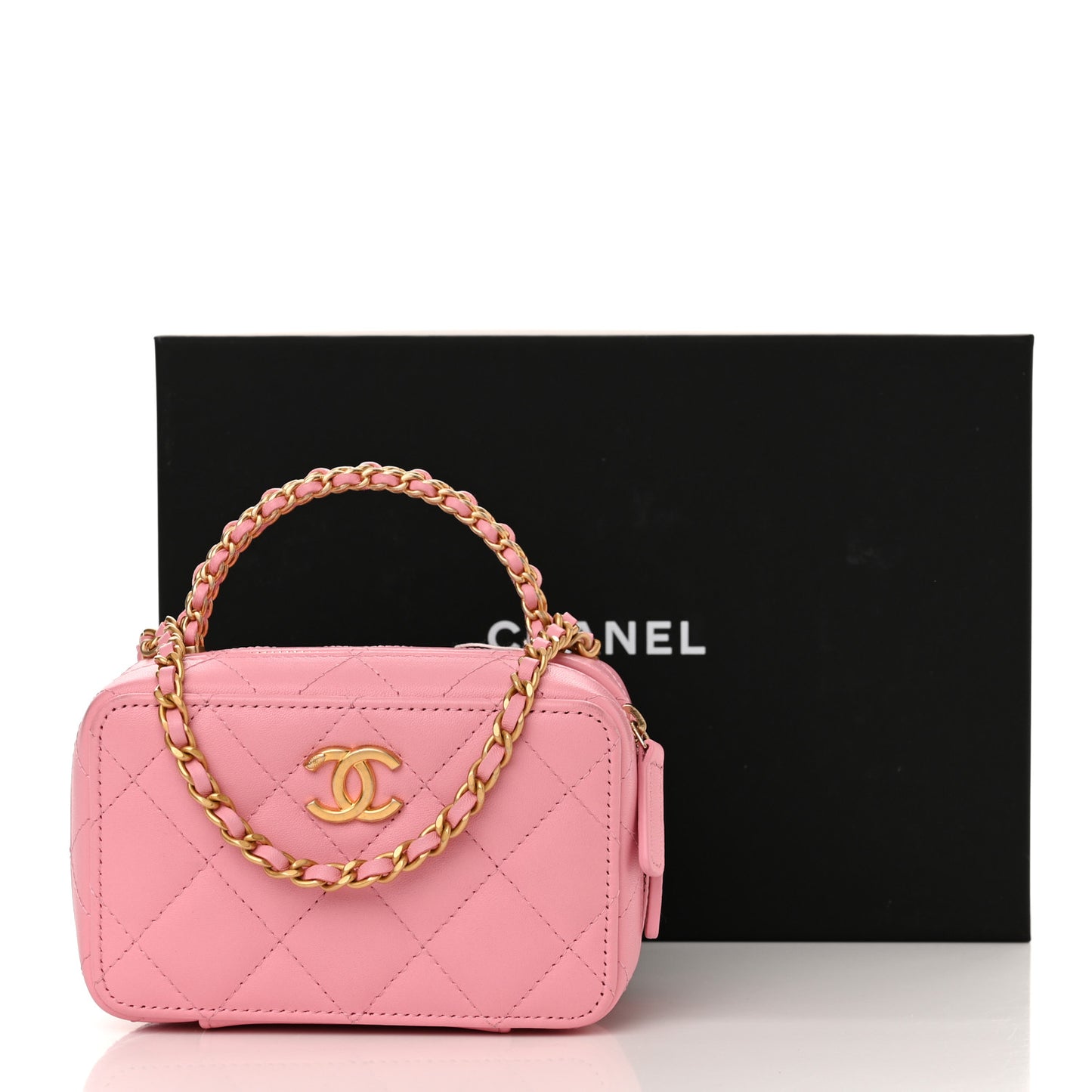 Lambskin Quilted Chain Top Handle Vanity Case Light Pink
