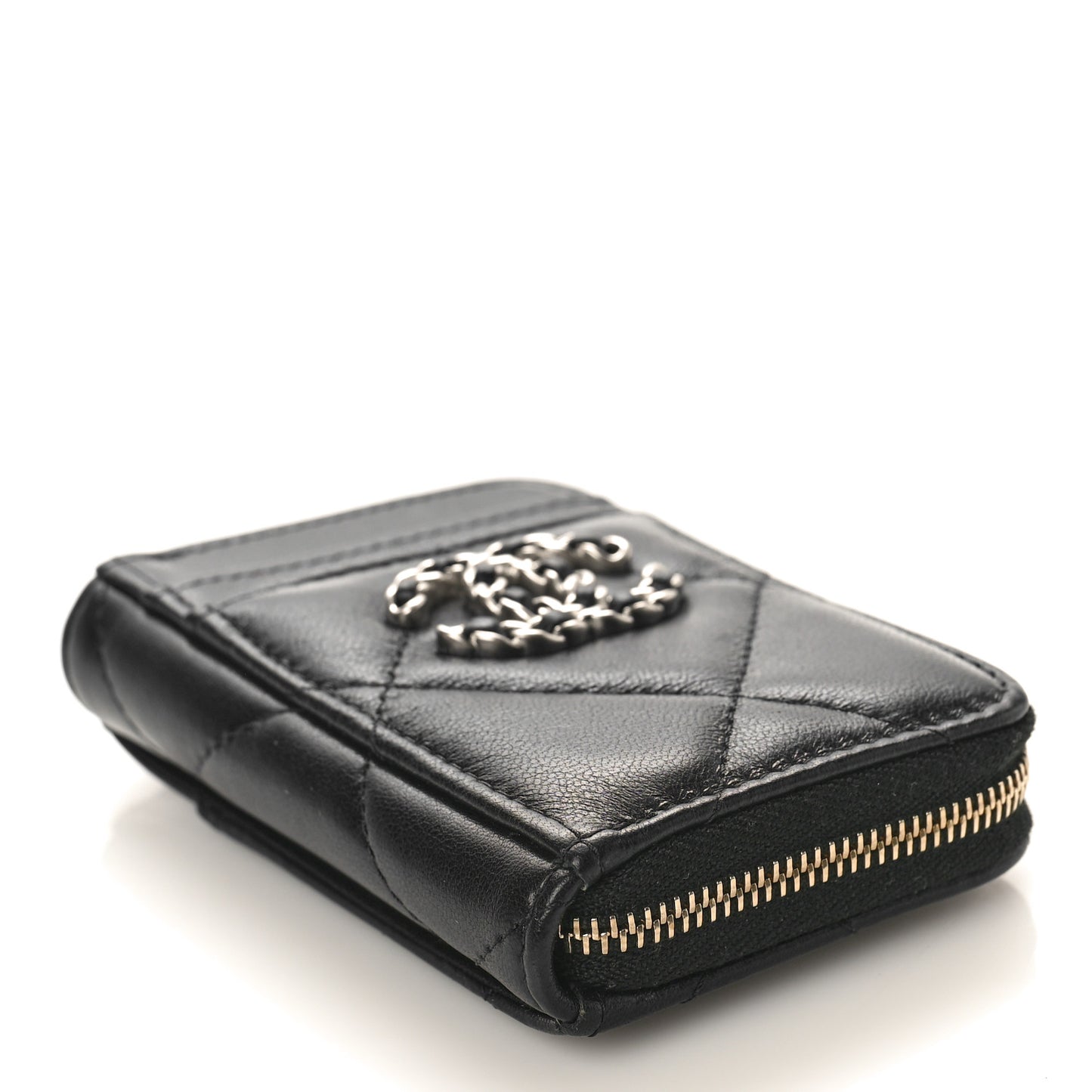 Lambskin Quilted Chanel 19 Vertical Zip Card Holder Wallet Black