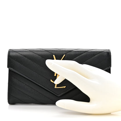 Saint Laurent Grain De Poudre Matelasse Chevron Monogram Flap Wallet Black 2 of 12