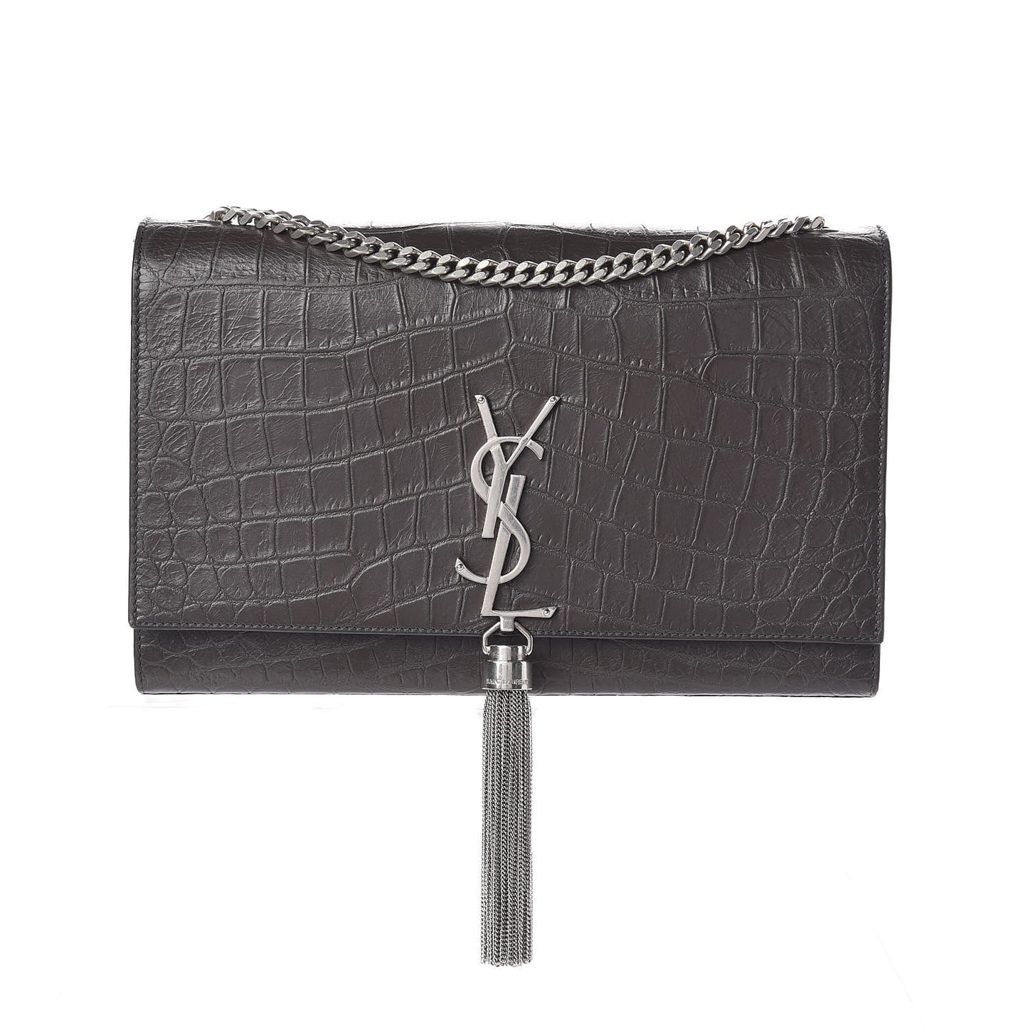Calfskin Crocodile Embossed Medium Classic Monogram Kate Tassel Satchel Earth Grey