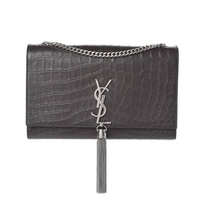Saint Laurent Calfskin Crocodile Embossed Medium Classic Monogram Kate Tassel Satchel Earth Grey 1 of 11