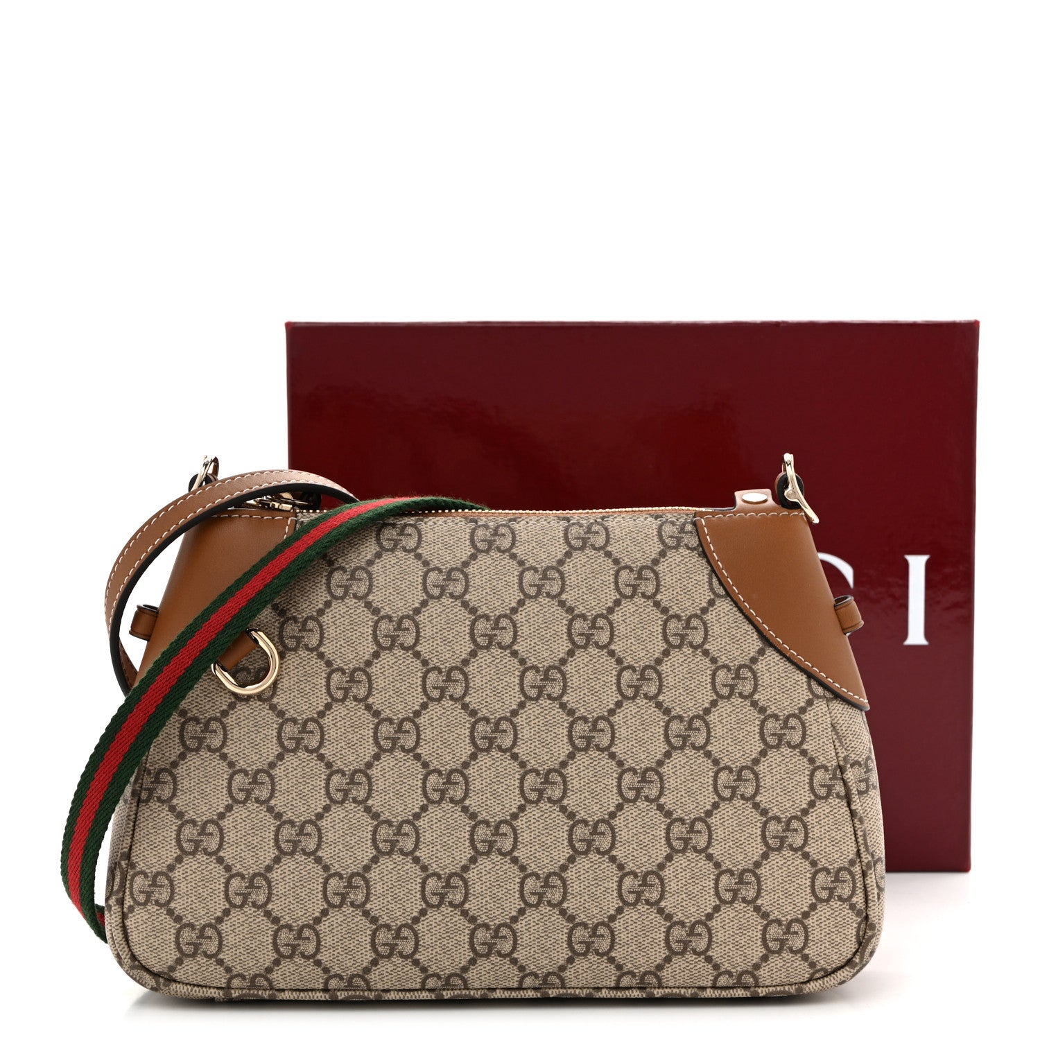Gucci GG Supreme Monogram Textured Calfskin Small Emblem Shoulder Bag Beige Dark Brown 12 of 12