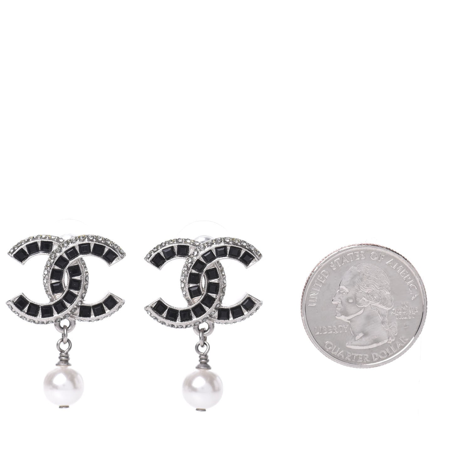 Baguette Crystal Pearl CC Drop Earrings Silver Black