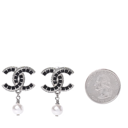 Chanel Baguette Crystal Pearl CC Drop Earrings Silver Black 4 of 8