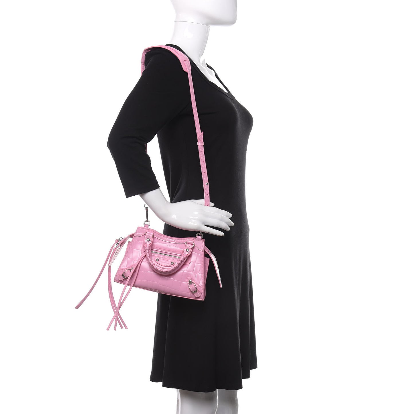 Semi Shiny Calfskin Crocodile Embossed Neo Classic Silver Hardware Mini City Pink