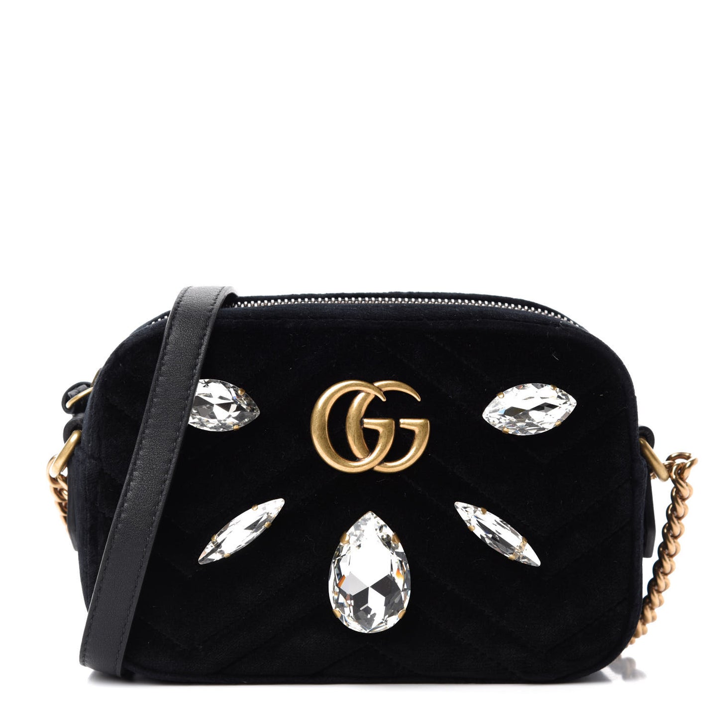 Velvet Matelasse Marquise Crystals Mini GG Marmont Chain Shoulder Bag Black