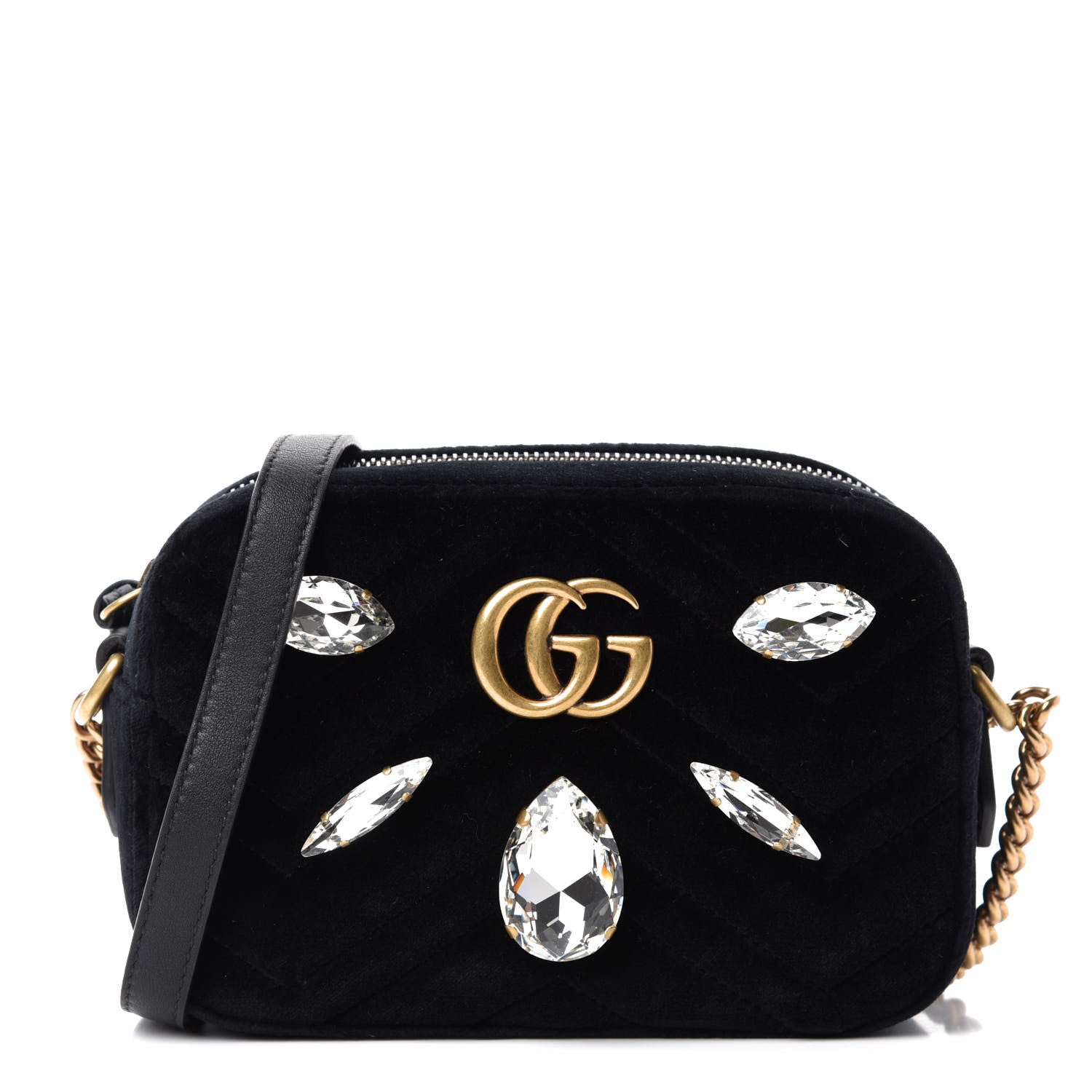 Gucci Velvet Matelasse Marquise Crystals Mini GG Marmont Chain Shoulder Bag Black 1 of 10