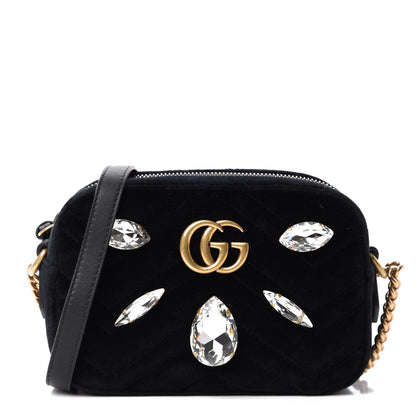 Gucci Velvet Matelasse Marquise Crystals Mini GG Marmont Chain Shoulder Bag Black 1 of 10
