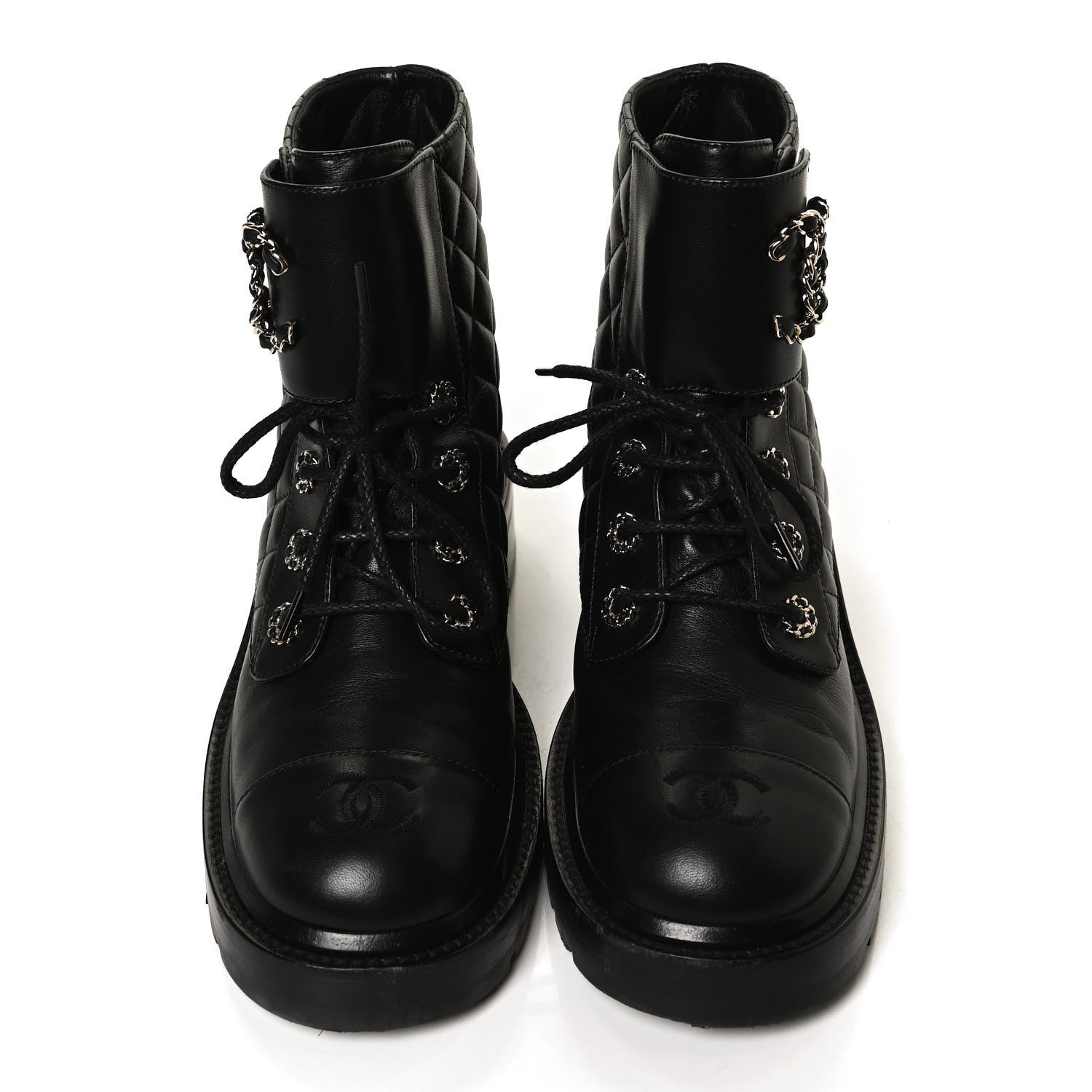 Chanel Shiny Lambskin Quilted Lace Up Combat Boots 38.5 Black 5 of 14