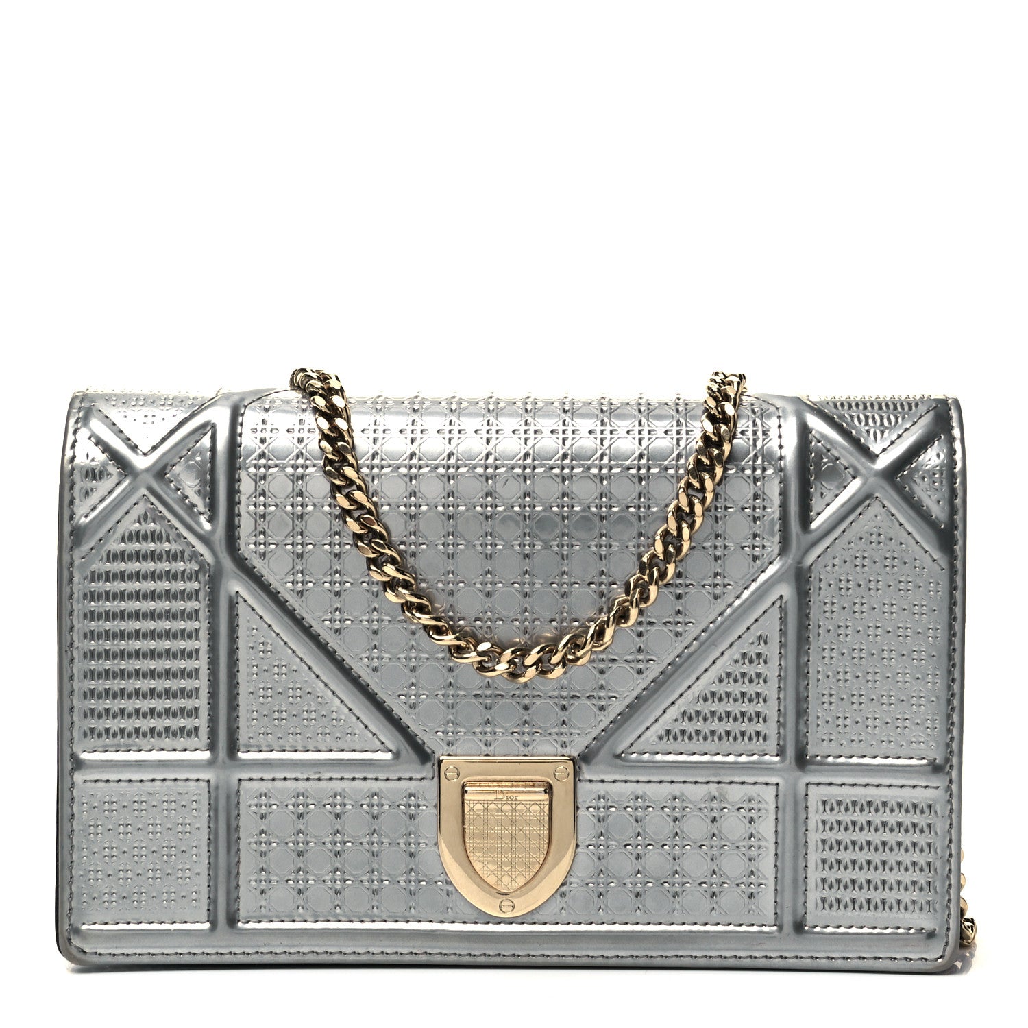 Christian Dior Metallic Patent Micro-Cannage Diorama Wallet on Chain Pouch Silver 2 of 9