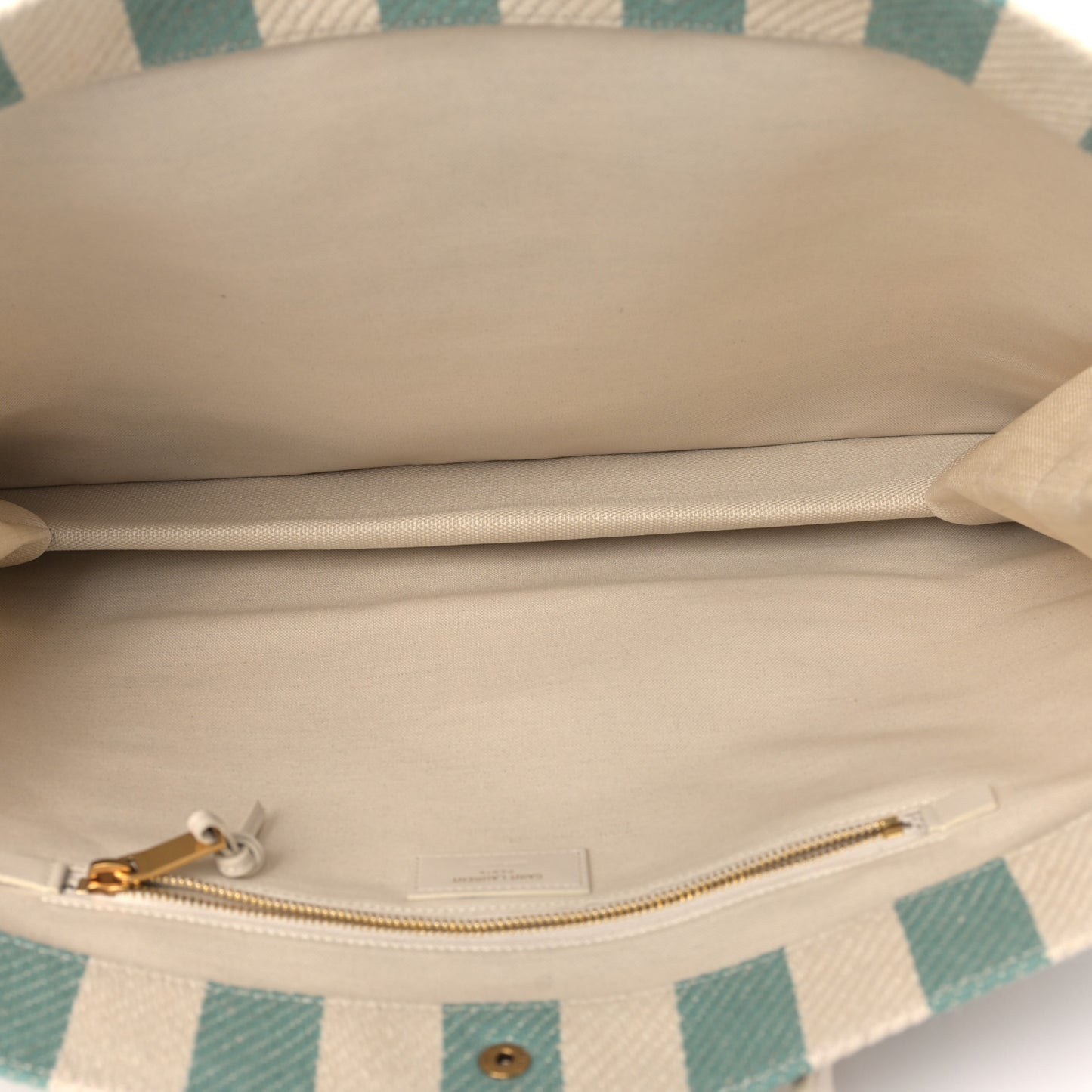 Cotton Linen Calfskin Striped Rive Gauche Tote Water Green