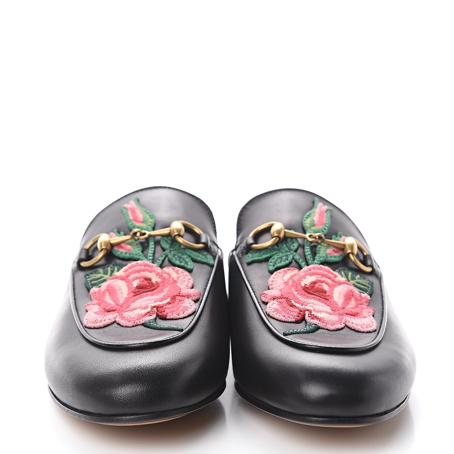Gucci Calfskin Flower Embroidered Womens Princetown Slippers 37.5 Black 2 of 7