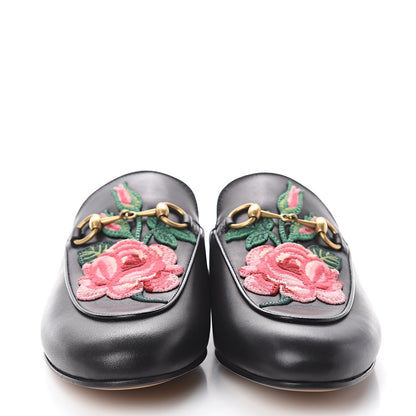 Gucci Calfskin Flower Embroidered Womens Princetown Slippers 37.5 Black 2 of 7