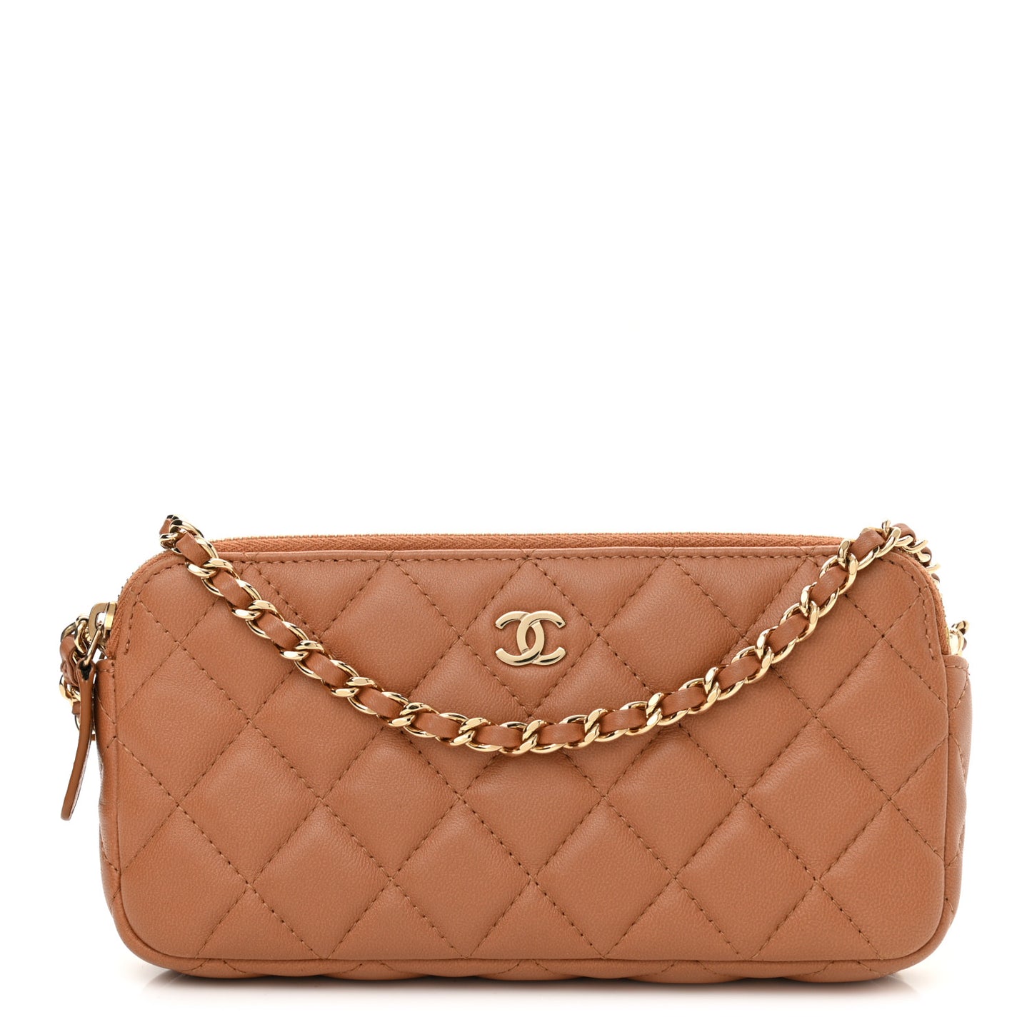 Lambskin Quilted Small Clutch With Chain Dark Beige