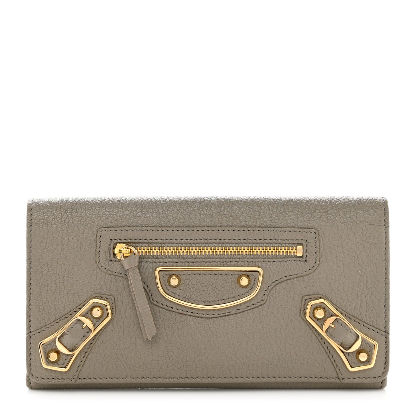 Chevre Gold Metallic Edge Hardware Zip Around Wallet Gris Taupe