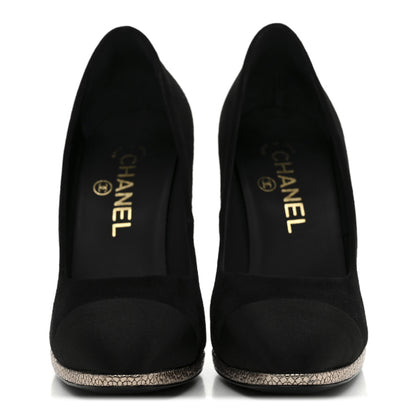 Chanel Suede Calfskin Satin Cap Toe CC Pumps 37 Black 3 of 10