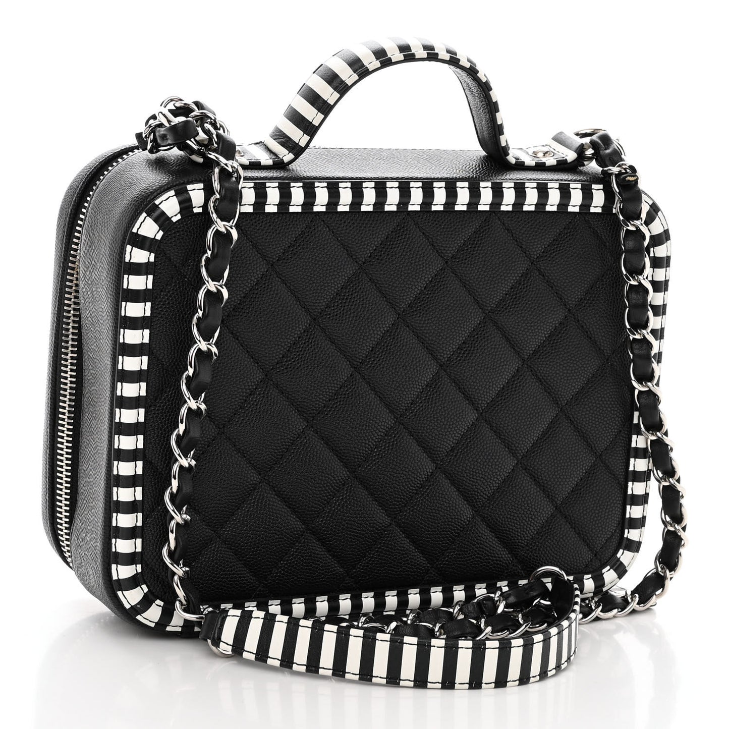 Caviar Quilted Striped Medium CC Filigree Vanity Case Black White