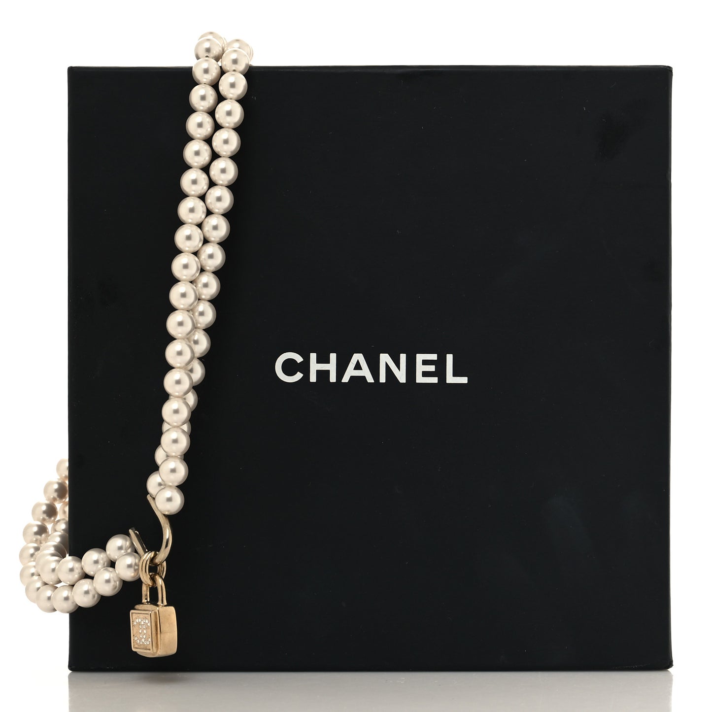 Pearl Crystal CC Lock Choker Necklace Gold Pearly White