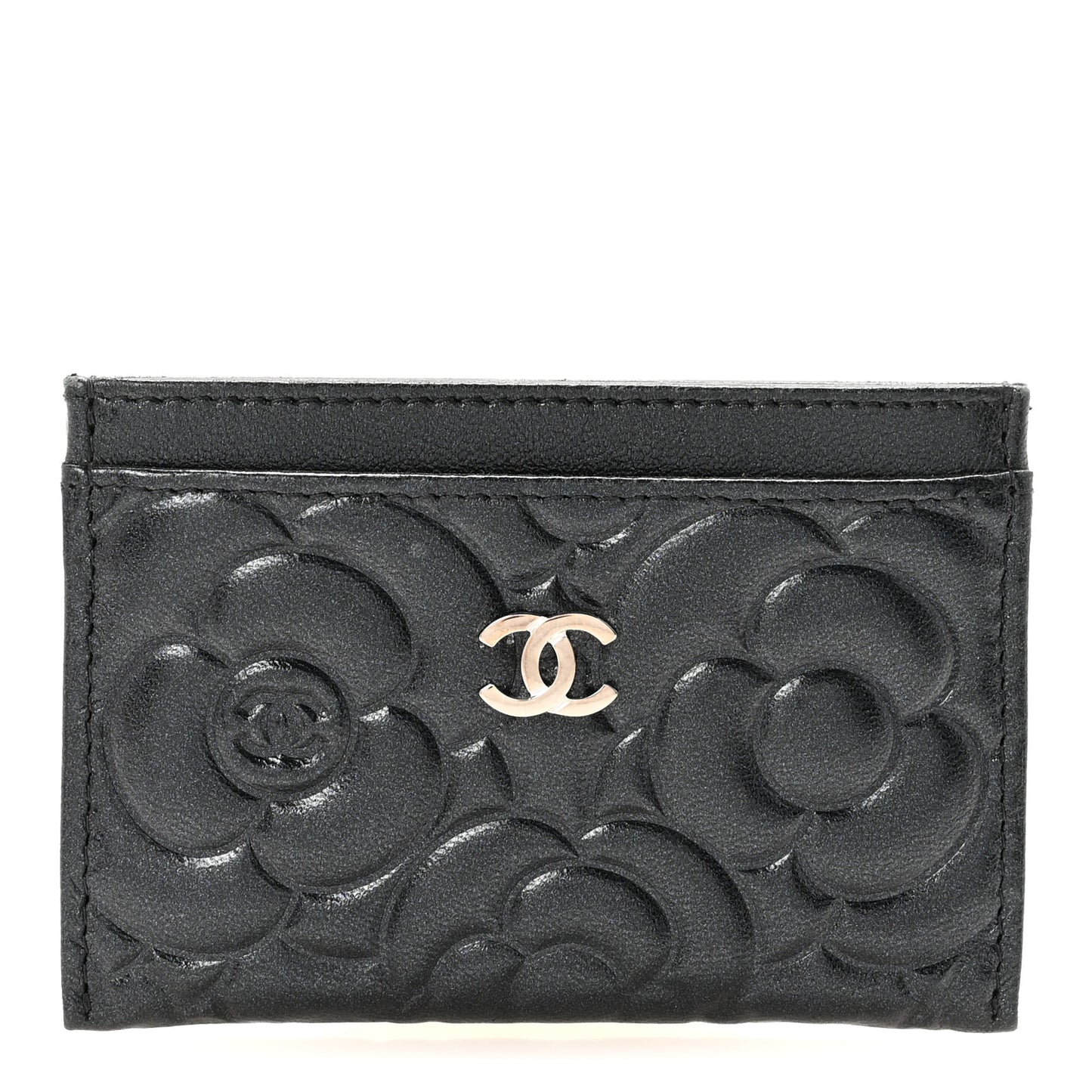Lambskin Camellia Embossed Card Holder Black