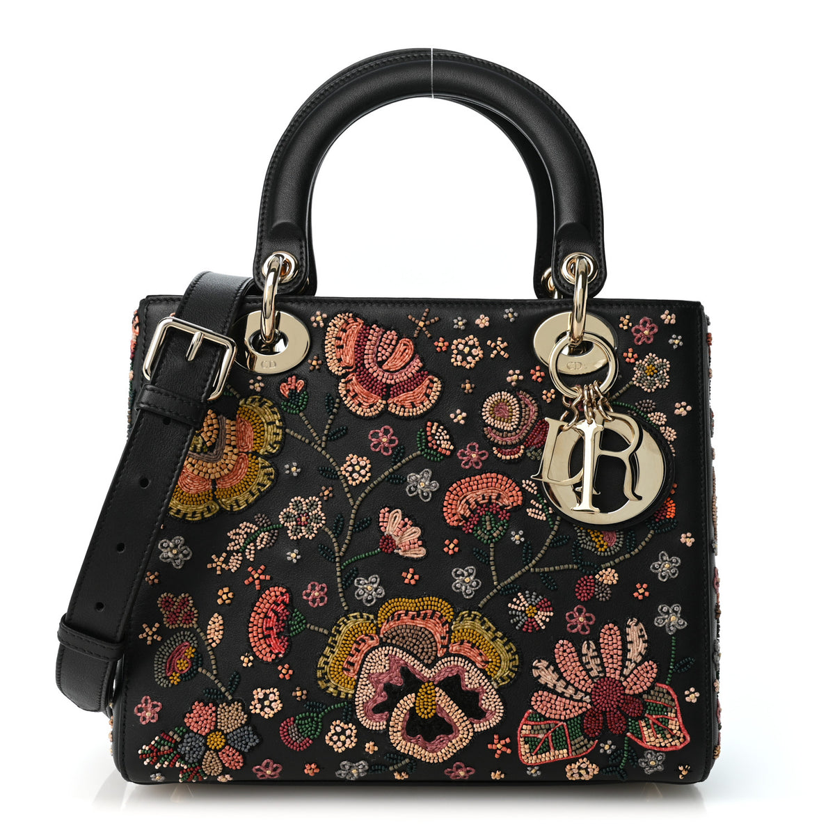 Smooth Calfskin Embroidered Beaded Floral Medium Lady Dior Black Multicolor