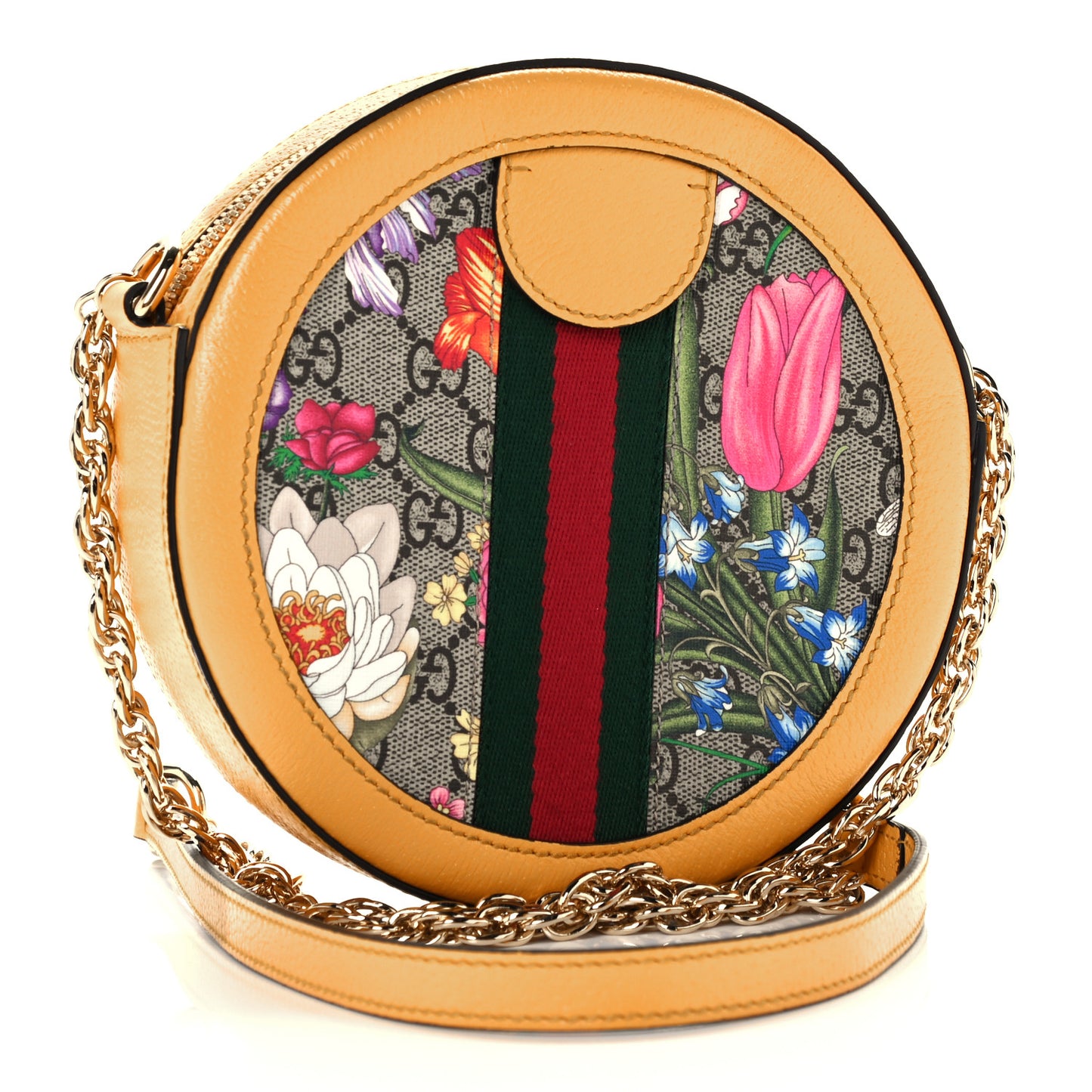 GG Supreme Monogram Flora Web Mini Ophidia Round Shoulder Bag Beige Multicolor Crop