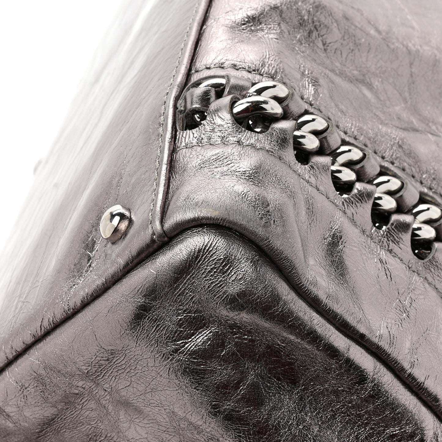 Metallic Cracked Calfskin Modern Chain Tote Dark Silver