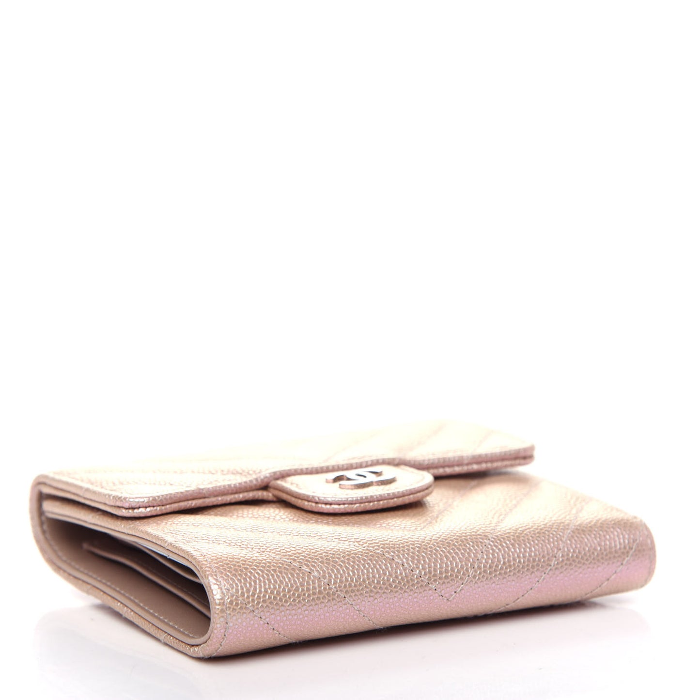 Metallic Caviar Chevron Quilted Compact Flap Wallet Light Gold